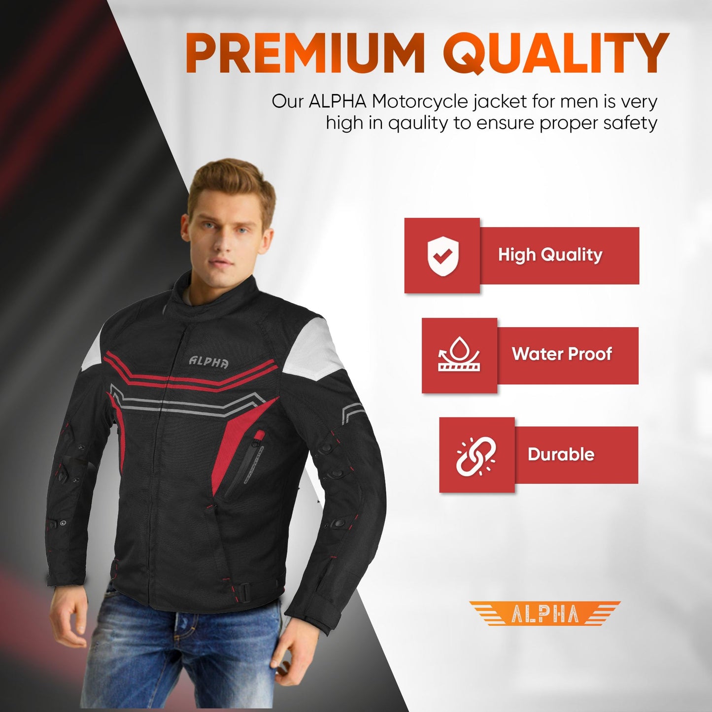 Alpha Waterproof Motorcycle Jacket for Men โ Dualsport Motorbike Armor with High Visibility | CE Approved Bike Armour Jackets