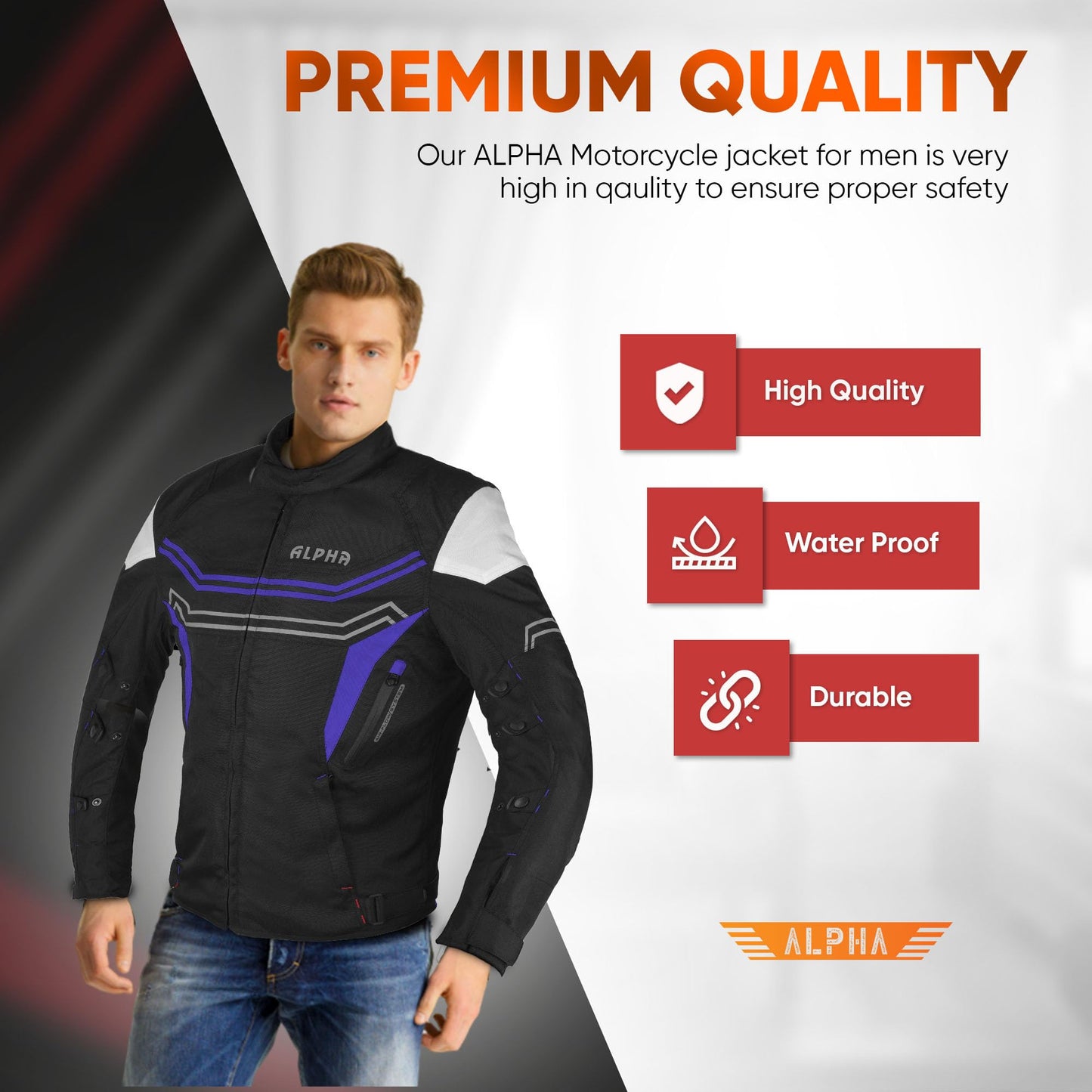 Alpha Waterproof Motorcycle Jacket for Men โ Dualsport Motorbike Armor with High Visibility | CE Approved Bike Armour Jackets
