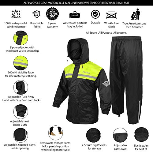 ALPHA CYCLE GEAR Rain Suit - Lightweight Waterproof Rain Gear for Men & Women, Adjustable Protective Rain Jacket and Trouser Suitable for All Sports & Outdoor Activities, Wind Resistant