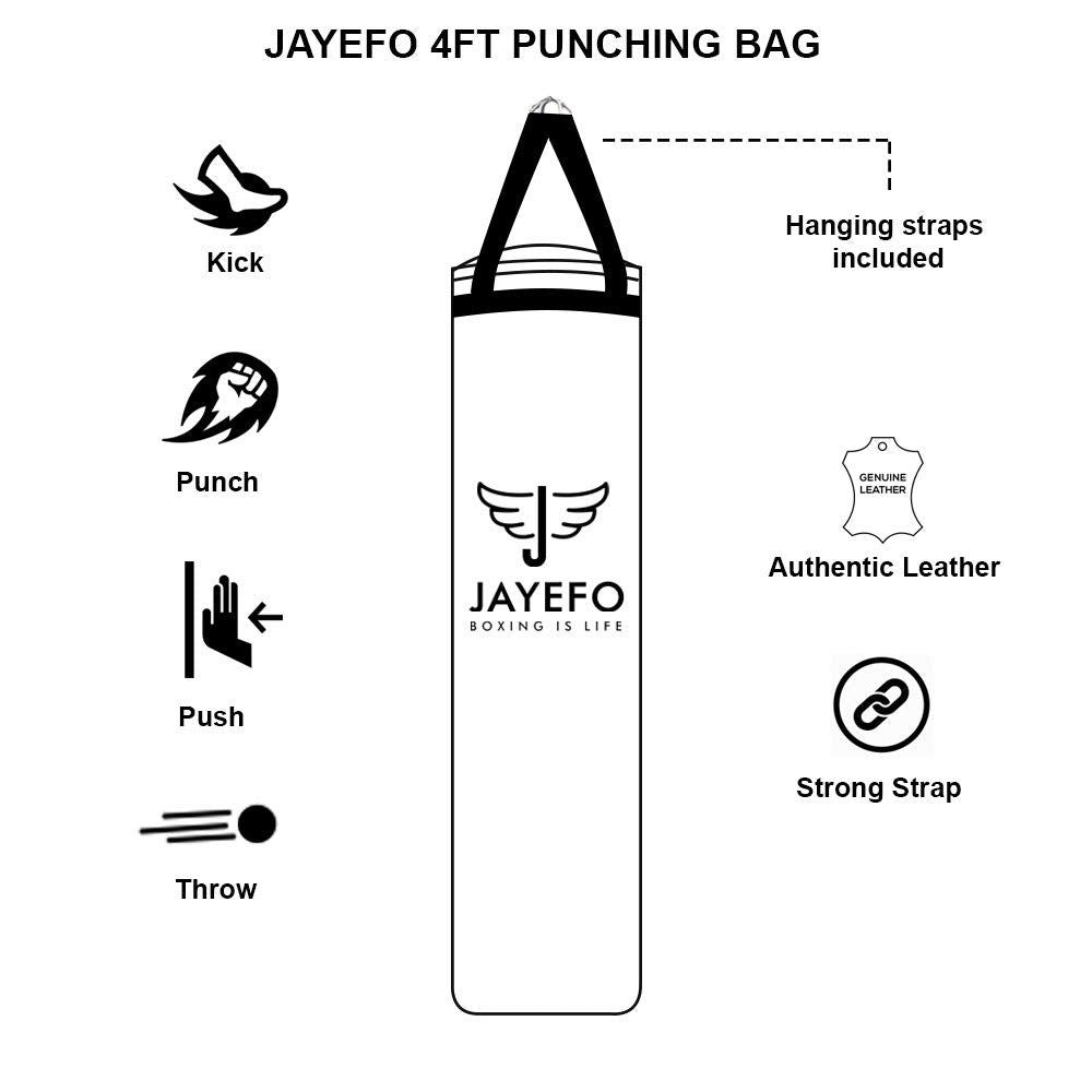 Jayefo Punch Bag Boxing Training ā Hanging Punching Bag for Boxing, Karate, Muay Thai, Kickboxing, MMA, Boxing Bag Bracket for Training at Home & Gym, Heavy Bag 70 to 100 lbs | Unfilled 4ft (White)