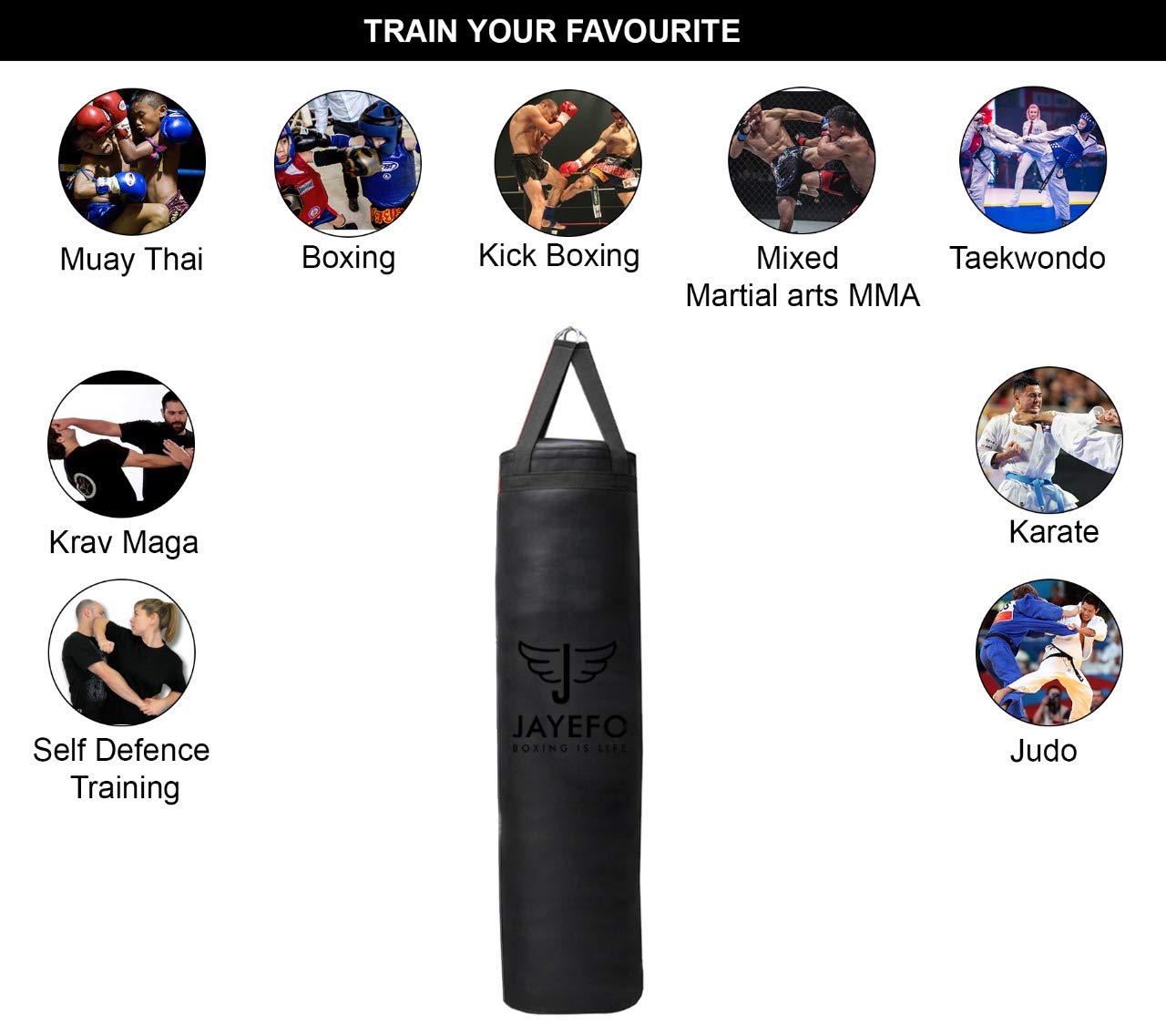 Jayefo Punch Bag Boxing Training ā Hanging Punching Bag for Boxing, Karate, Muay Thai, Kickboxing, MMA, Boxing Bag Bracket for Training at Home & Gym, Heavy Bag 70 to 100 lbs | Unfilled 4ft (Black)