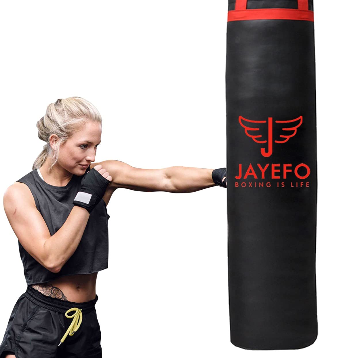 Jayefo Punch Bag Boxing Training ā Hanging Punching Bag for Boxing, Karate, Muay Thai, Kickboxing, MMA, Boxing Bag Bracket for Training at Home & Gym, Heavy Bag 70 to 100 lbs | Unfilled 4ft (Red)