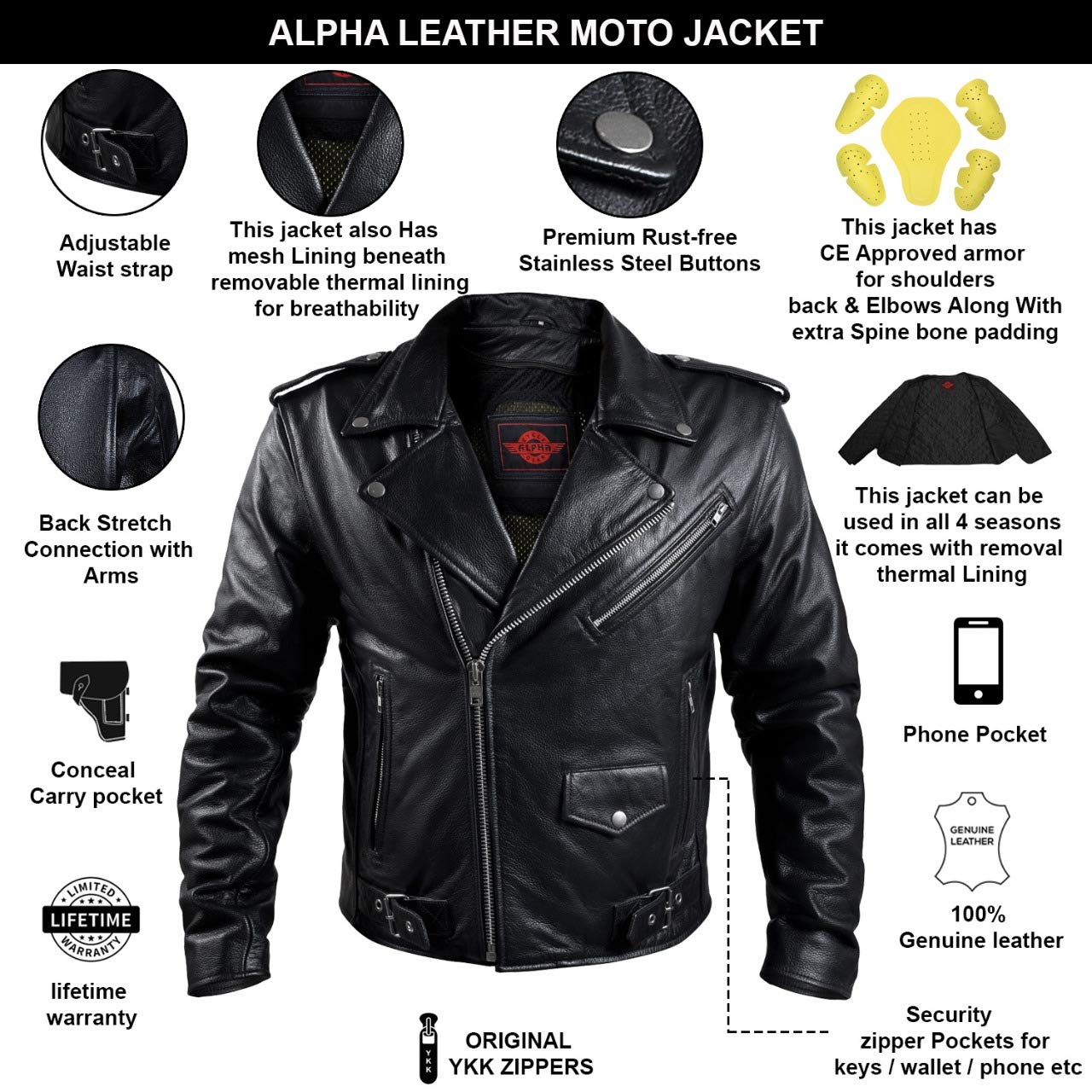 Alpha Black Leather Motorcycle Jacket ā Motorcycle Armour with Genuine Biker CE Armor for Shoulder, Back & Elbows, Mens Biker Jacket for All Season with Concealed Carry